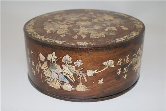 An early 20th century Chinese rosewood and mother of pearl inlaid circular box and cover, diameter 10in.